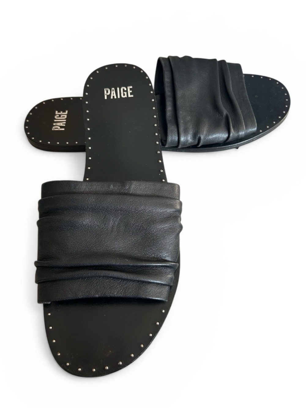PAIGE Emilia Black Leather Slide Sandals with Ruched Strap Studded Detail Sz 10